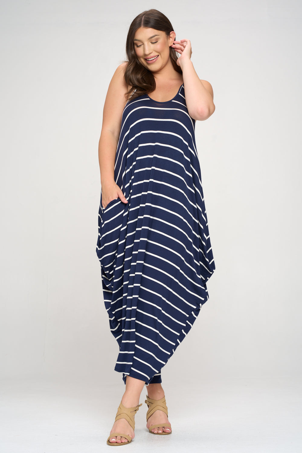 livd plus size boutique striped spaghetti strap dress in navy