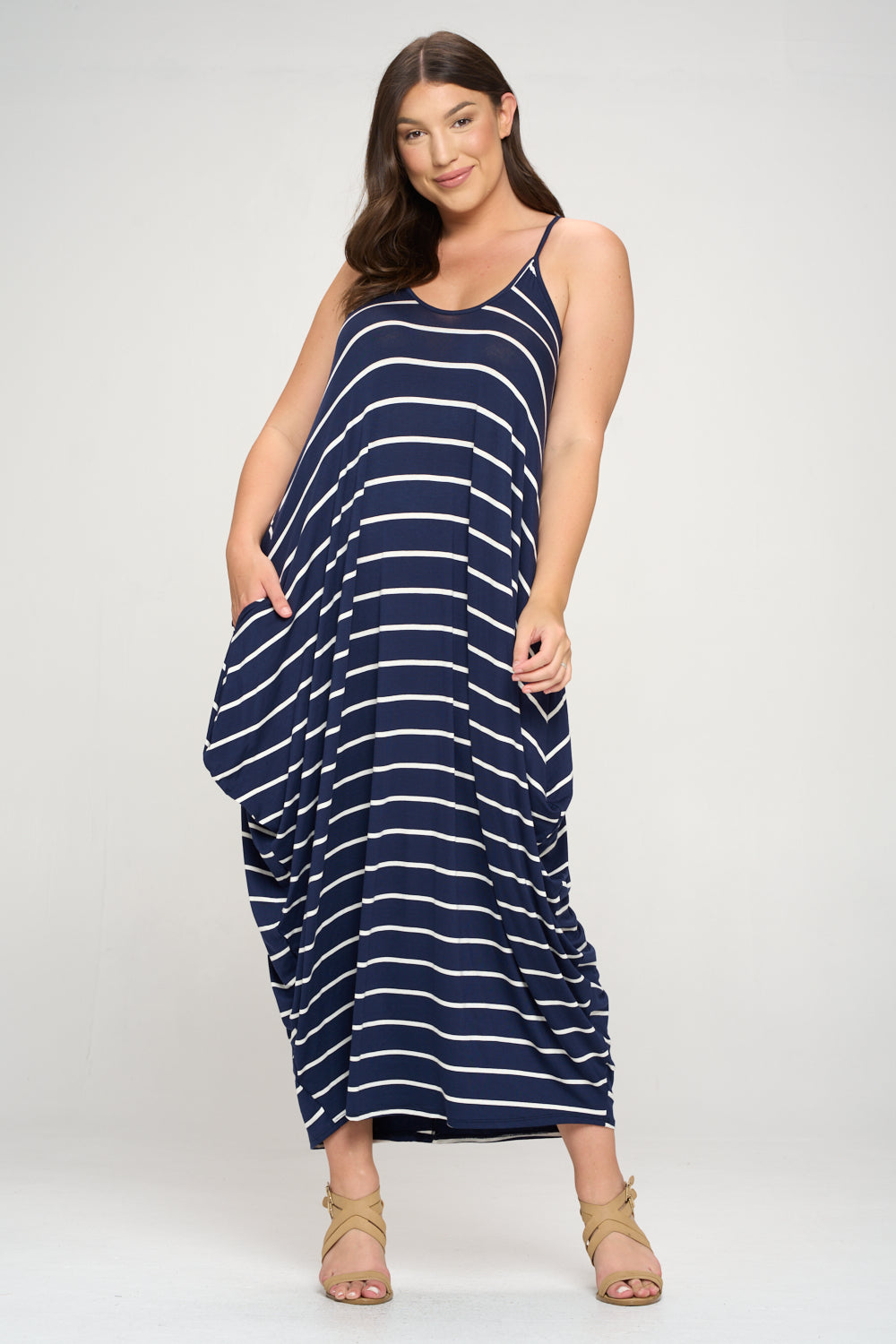 livd plus size boutique striped spaghetti strap dress in navy