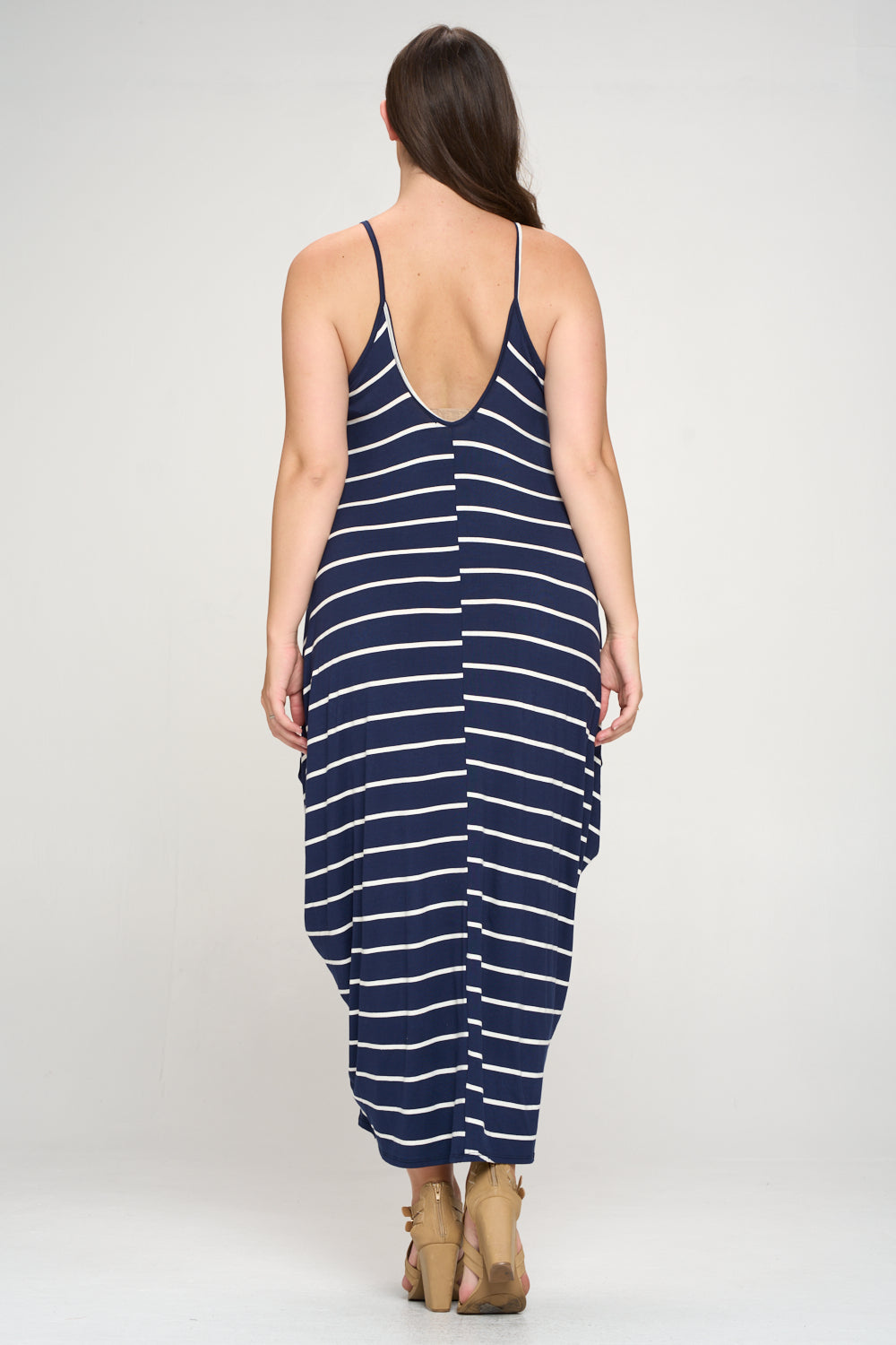 livd plus size boutique striped spaghetti strap dress in navy