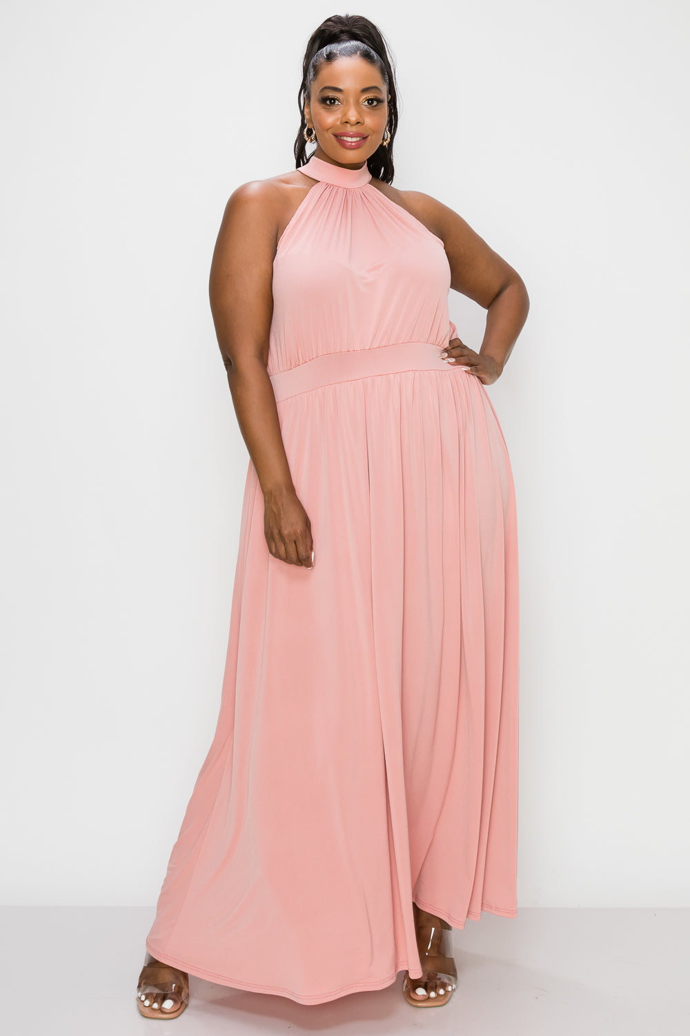 livd plus size boutique halter neck maxi dress in peach pink