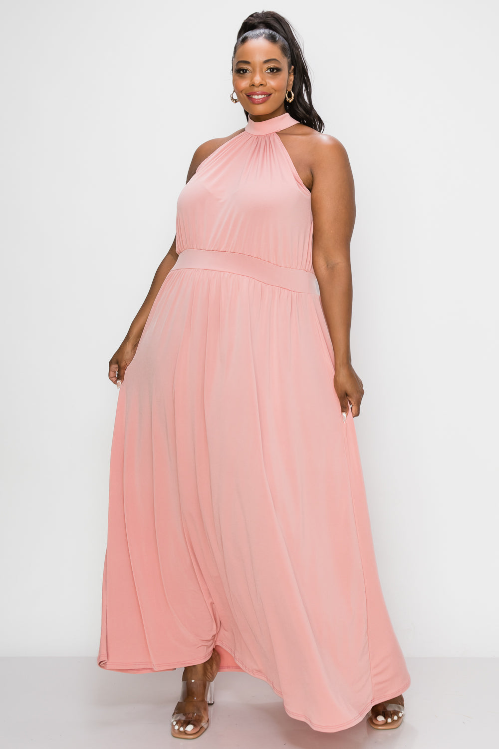 livd plus size boutique halter neck maxi dress in peach pink