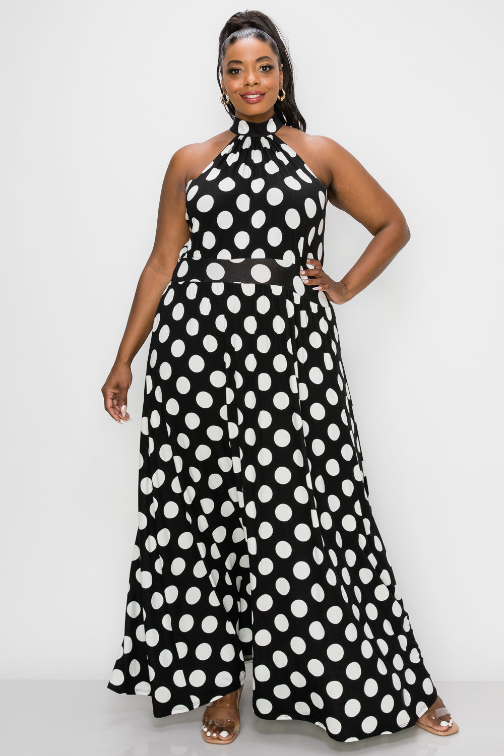 livd plus size boutique halter neck maxi dress in polka dot