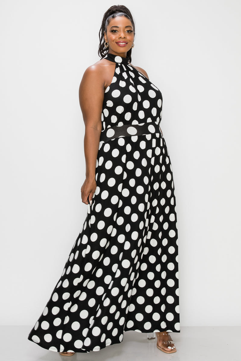 livd plus size boutique halter neck maxi dress in polka dot