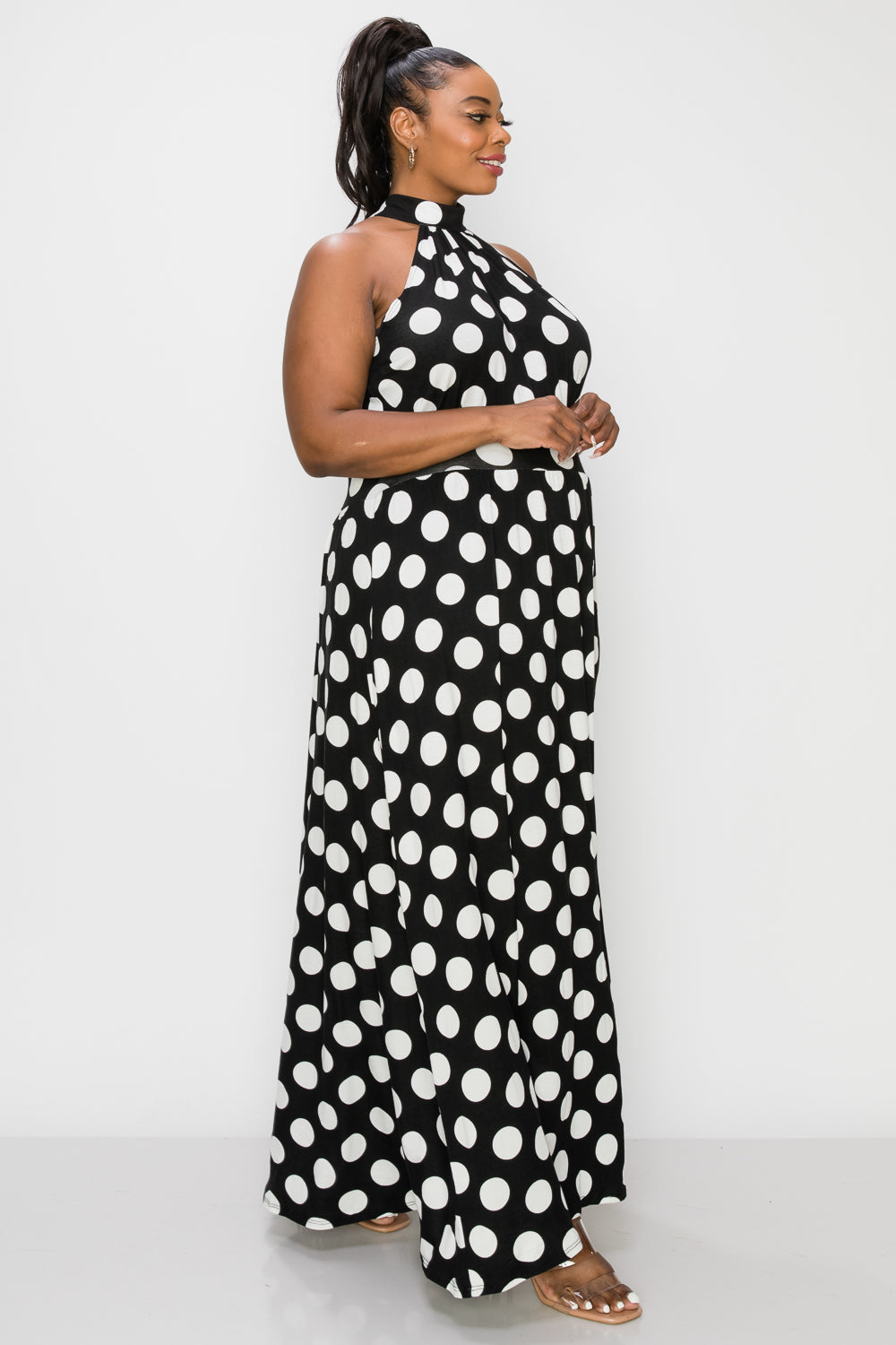 livd plus size boutique halter neck maxi dress in polka dot