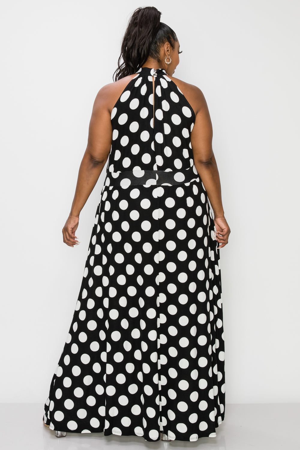 livd plus size boutique halter neck maxi dress in polka dot