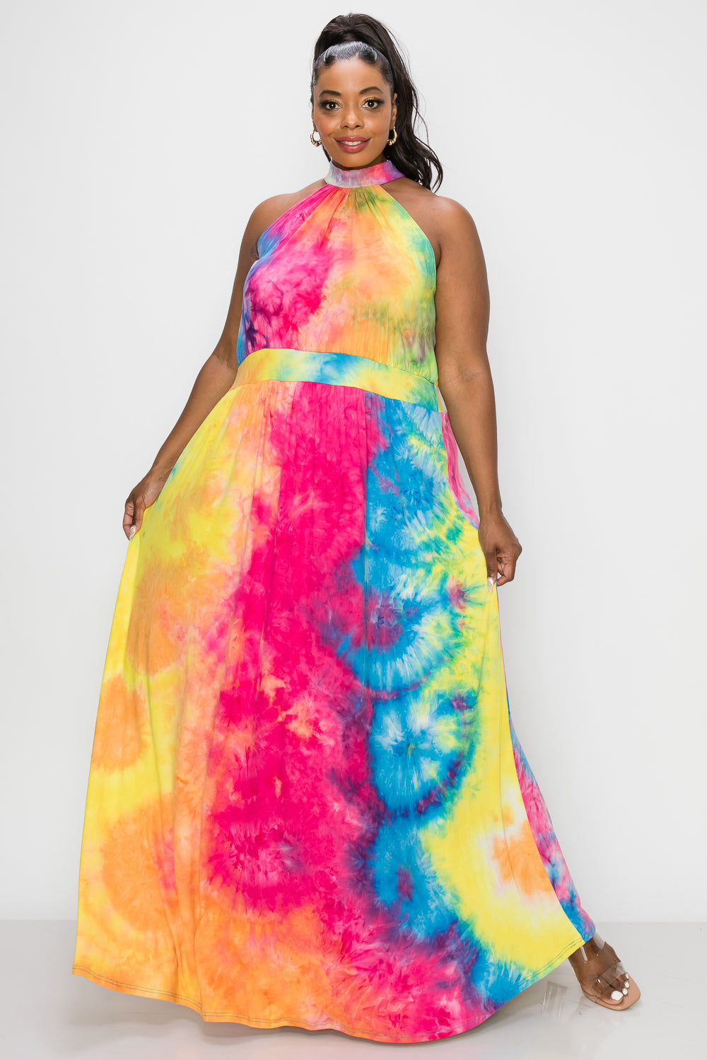 livd plus size boutique halter neck maxi dress in tie dye