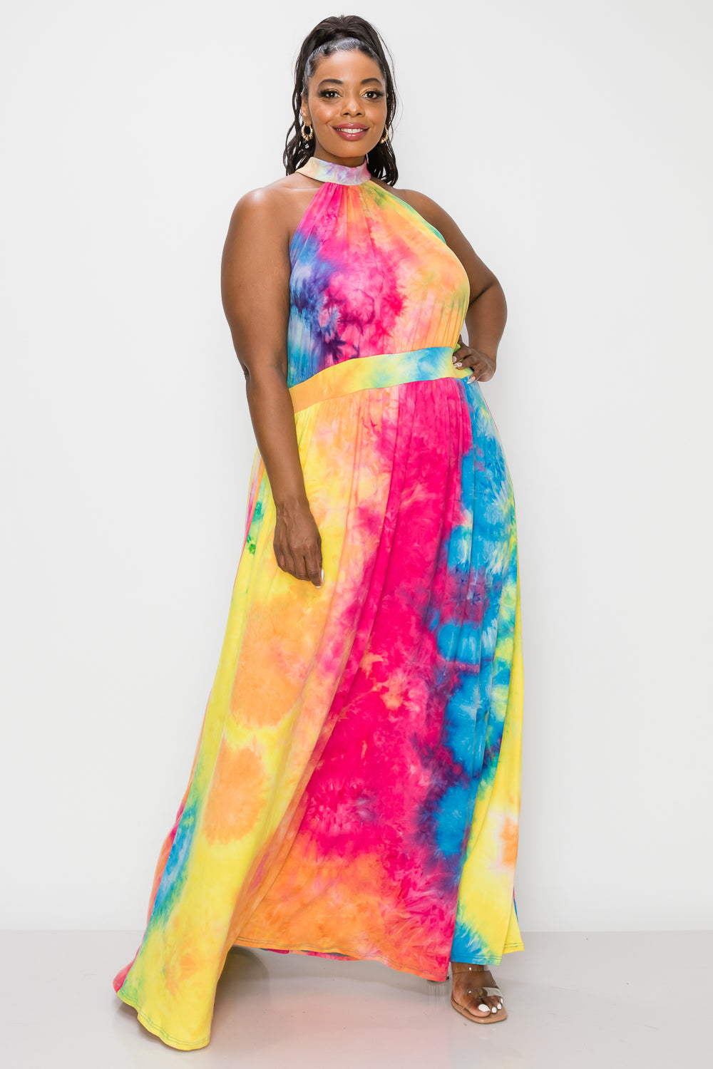 livd plus size boutique halter neck maxi dress in tie dye
