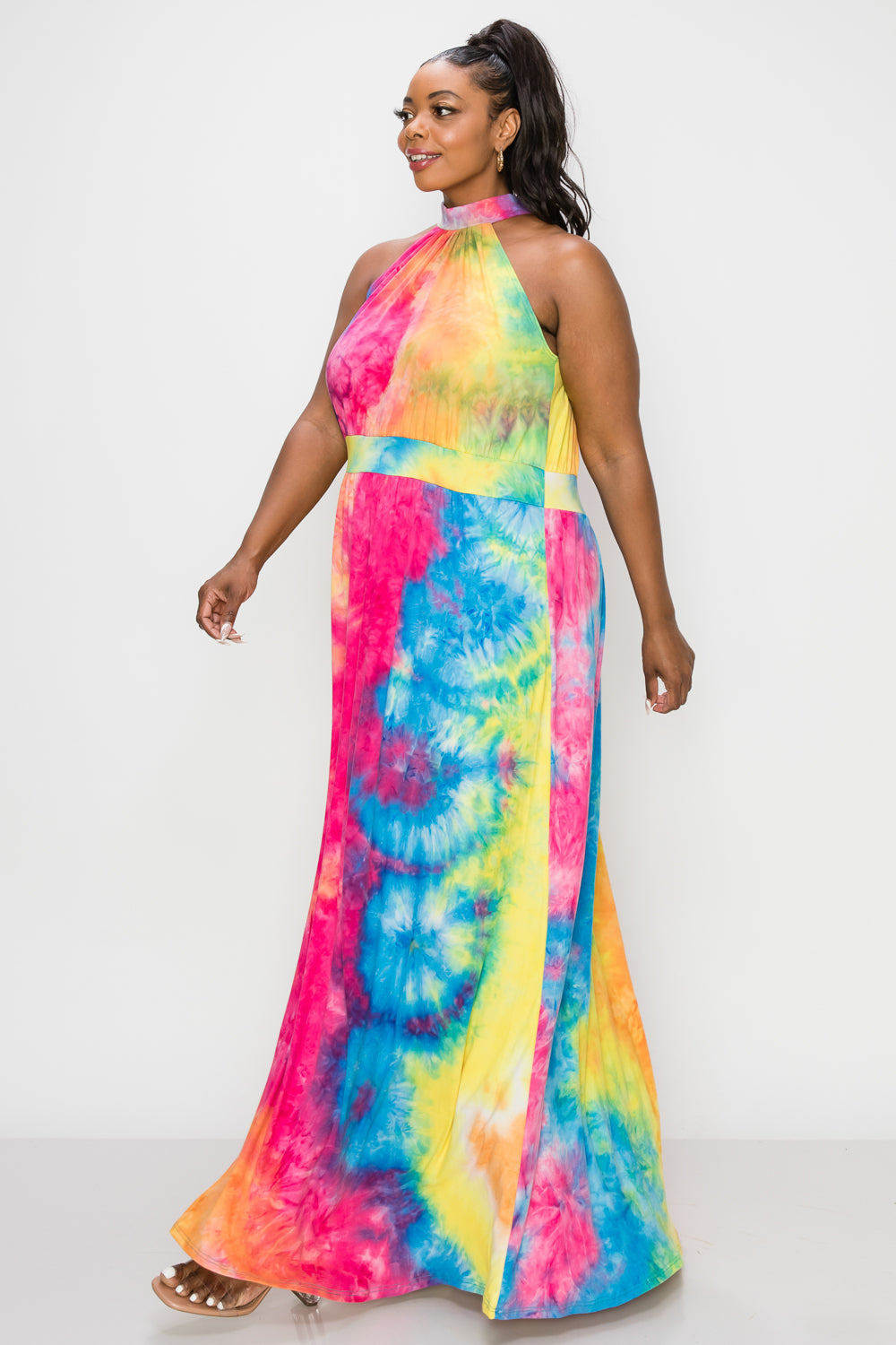 livd plus size boutique halter neck maxi dress in tie dye
