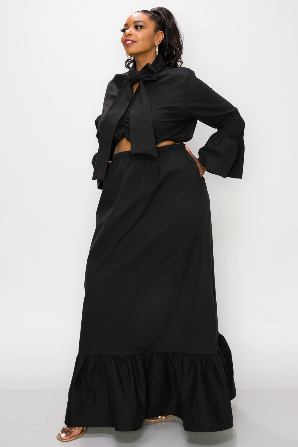 Poplin Bell Sleeve Top and Maxi Skirt Set - L I V D