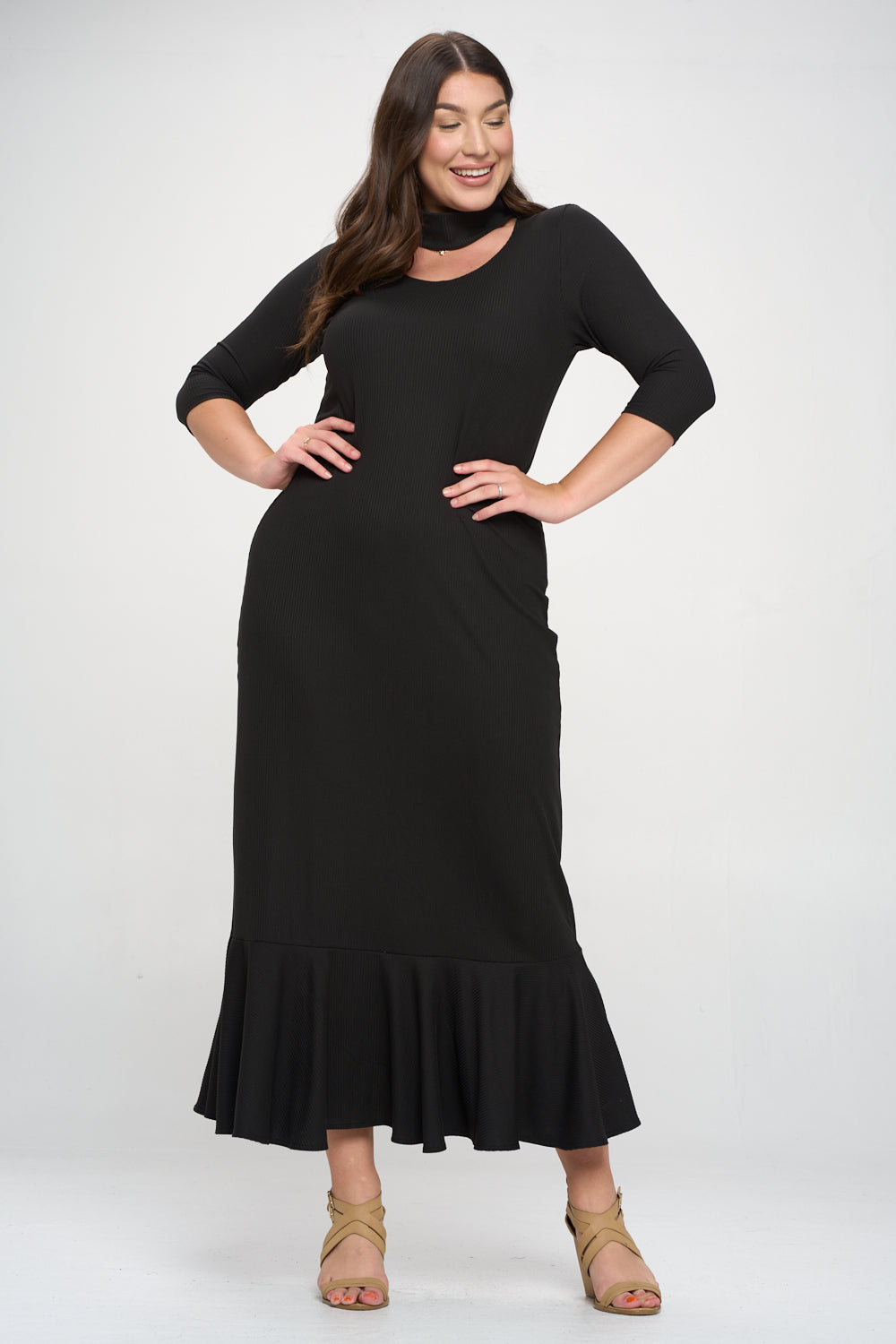 turtle neck cut out dress Long Sleeve High Neck Cut Out Front Frill Detail Mini Bodycon Dress In Black Texture | EGO US