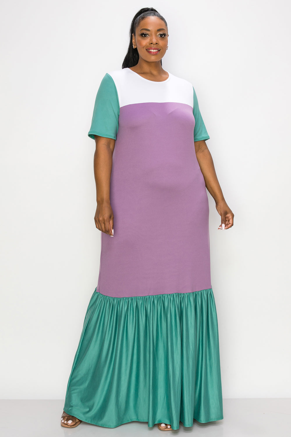 colorblock plus size maxi dresses Camel Striped Colorblock Denim Contrast Plus Maxi Dress PinkBlush