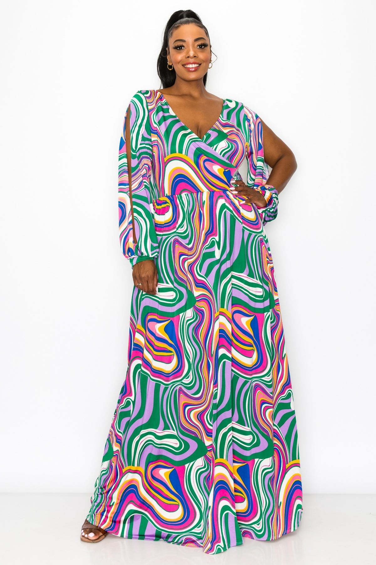 Nola Swirl Slit Sleeve Maxi Dress - L I V D