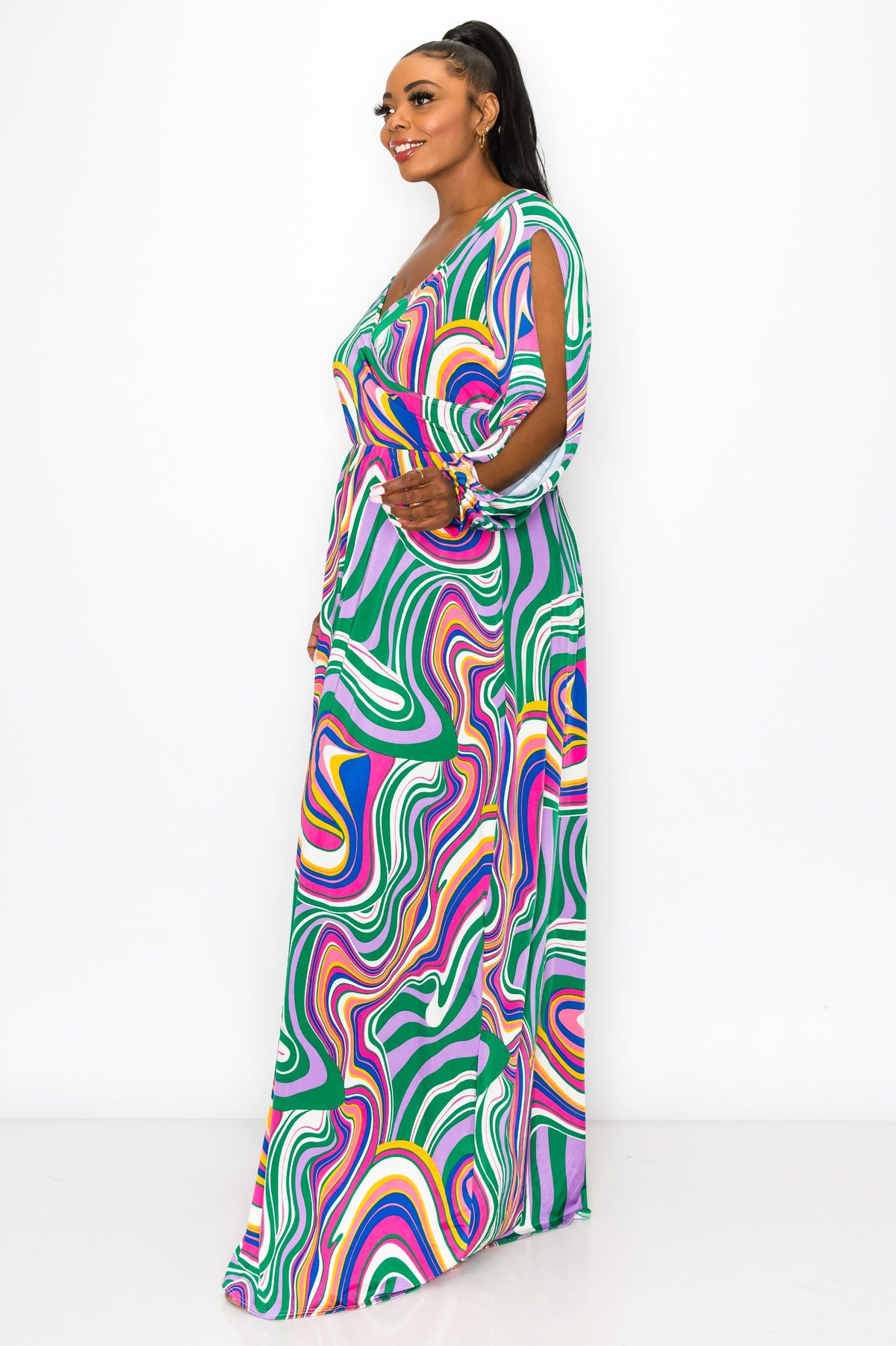 Nola Swirl Slit Sleeve Maxi Dress - L I V D