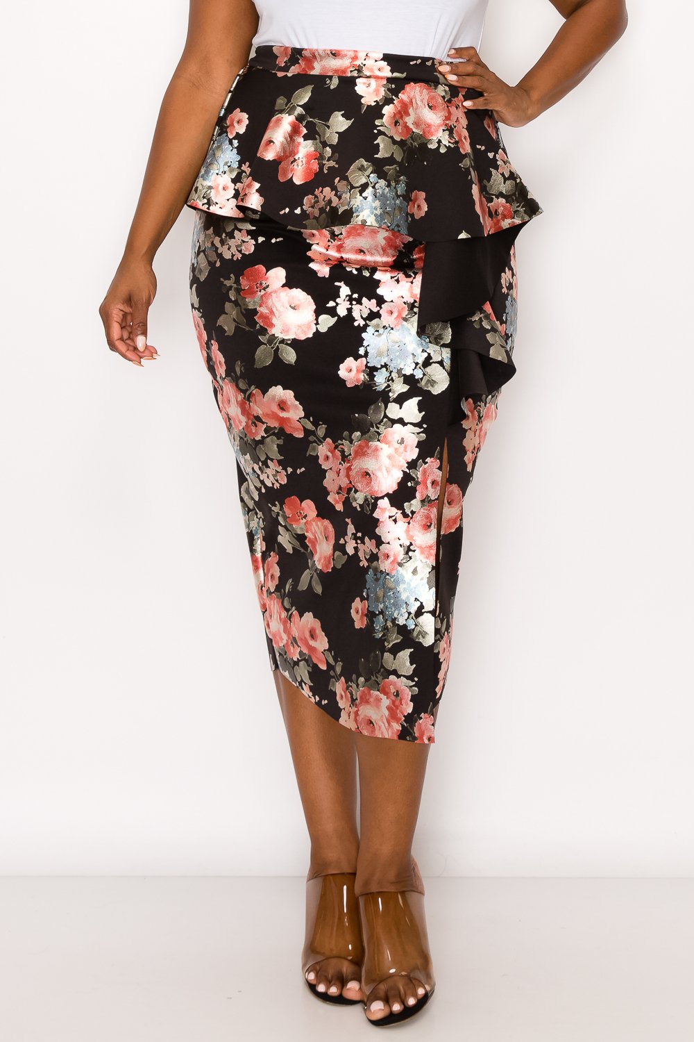 livd L I V D women's trendy contemporary plus size peplum midi skirt with ruffles and leg slit neoprene air scuba fabric in metallic floral foil