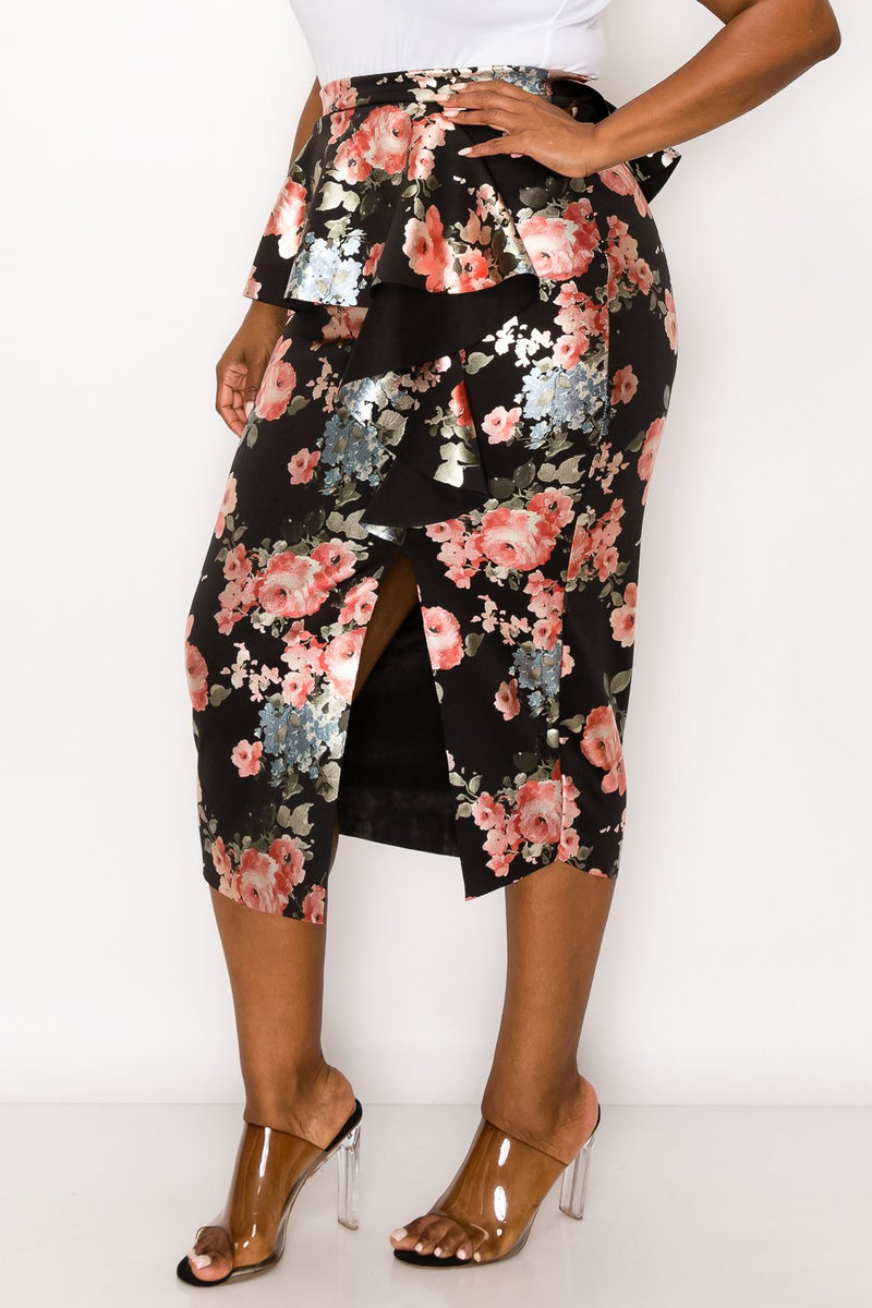 livd L I V D women's trendy contemporary plus size peplum midi skirt with ruffles and leg slit neoprene air scuba fabric in metallic floral foil