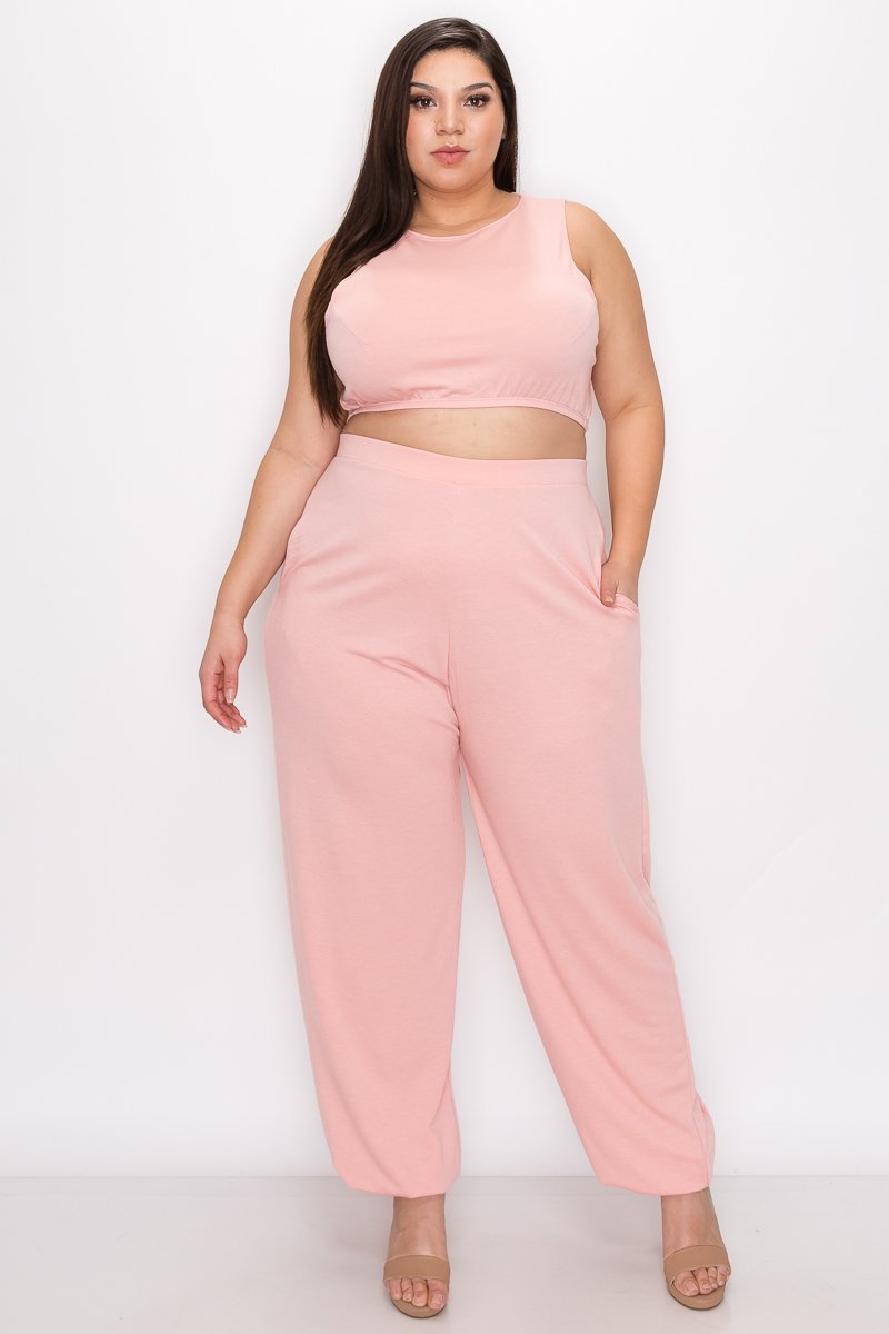 plus size boutique three piece athleisure set crop top, jogger pants with pockets, and cardigan in blush