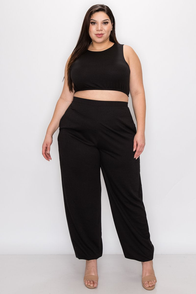 plus size boutique three piece athleisure set crop top, jogger pants with pockets, and cardigan in black