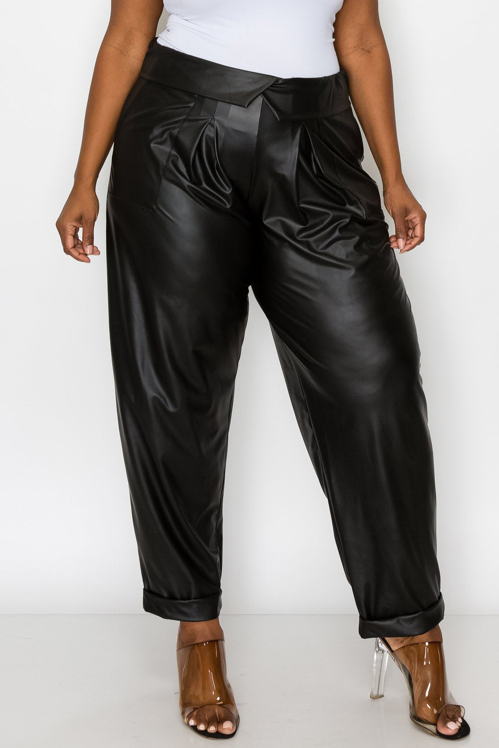 livd L I V D women's trendy plus size fashion made in USA contemporary collared faux leather pants pu with large outside pockets and folded ankle cuff in black 