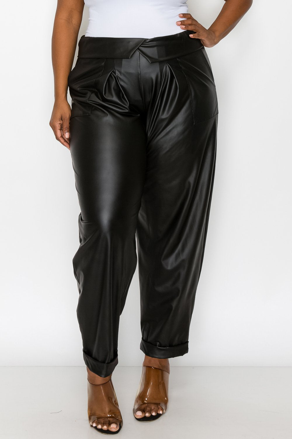 livd L I V D women's trendy plus size fashion made in USA contemporary collared faux leather pants pu with large outside pockets and folded ankle cuff in black 
