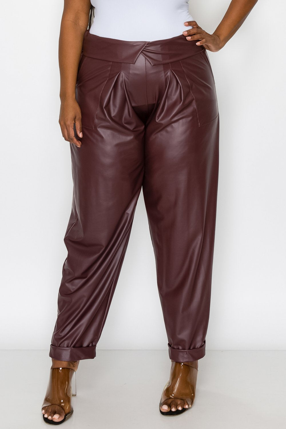 livd L I V D women's trendy plus size fashion made in USA contemporary collared faux leather pants pu with large outside pockets and folded ankle cuff in burgundy