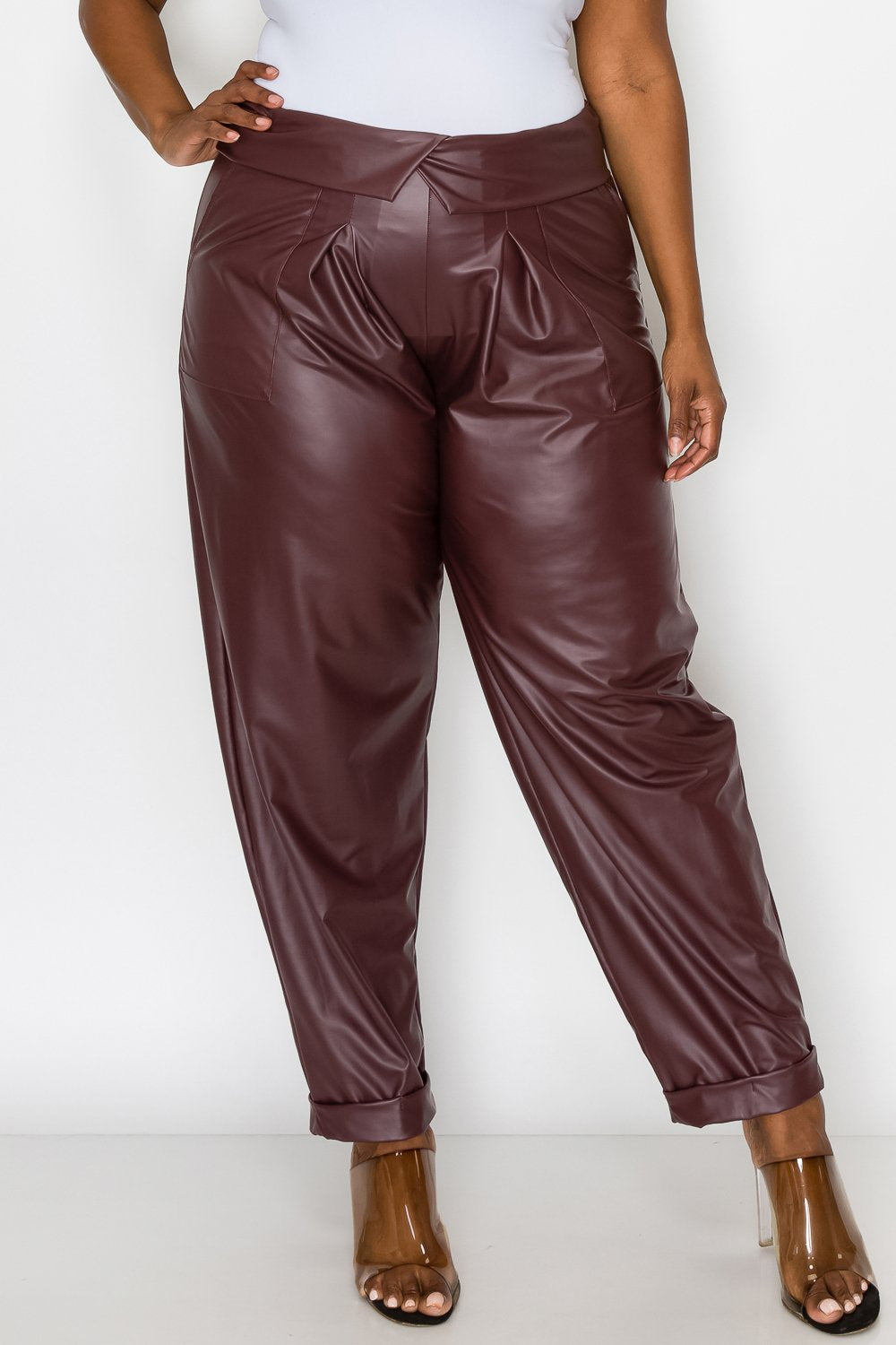 livd L I V D women's trendy plus size fashion made in USA contemporary collared faux leather pants pu with large outside pockets and folded ankle cuff in burgundy