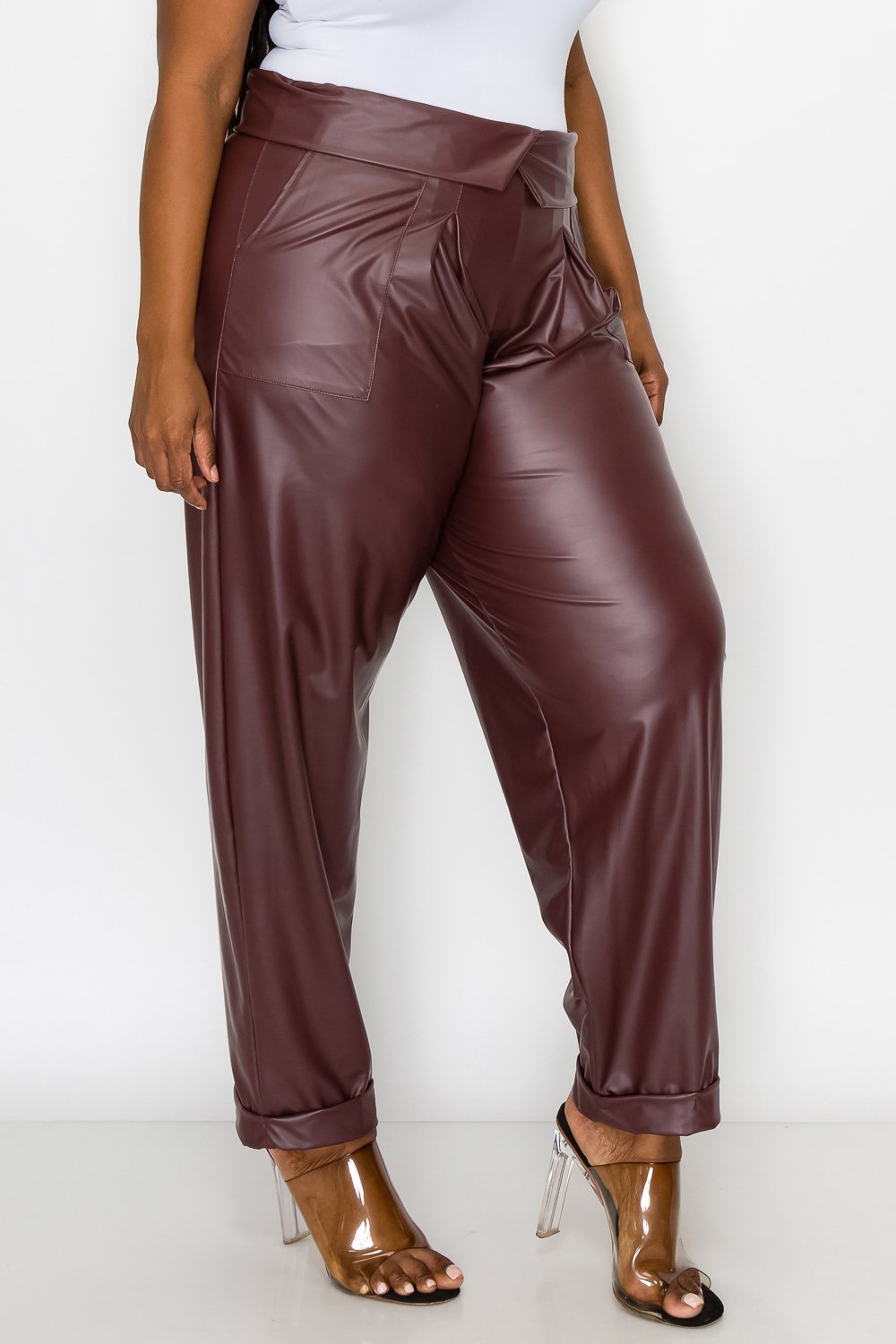 livd L I V D women's trendy plus size fashion made in USA contemporary collared faux leather pants pu with large outside pockets and folded ankle cuff in burgundy