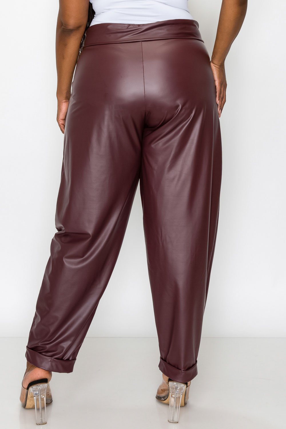 livd L I V D women's trendy plus size fashion made in USA contemporary collared faux leather pants pu with large outside pockets and folded ankle cuff in burgundy