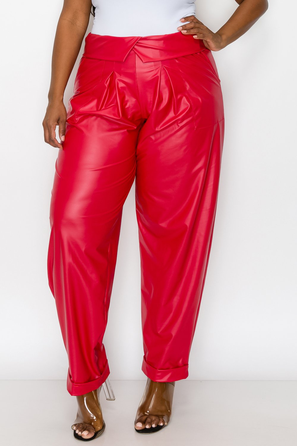 livd L I V D women's trendy plus size fashion made in USA contemporary collared faux leather pants pu with large outside pockets and folded ankle cuff in red