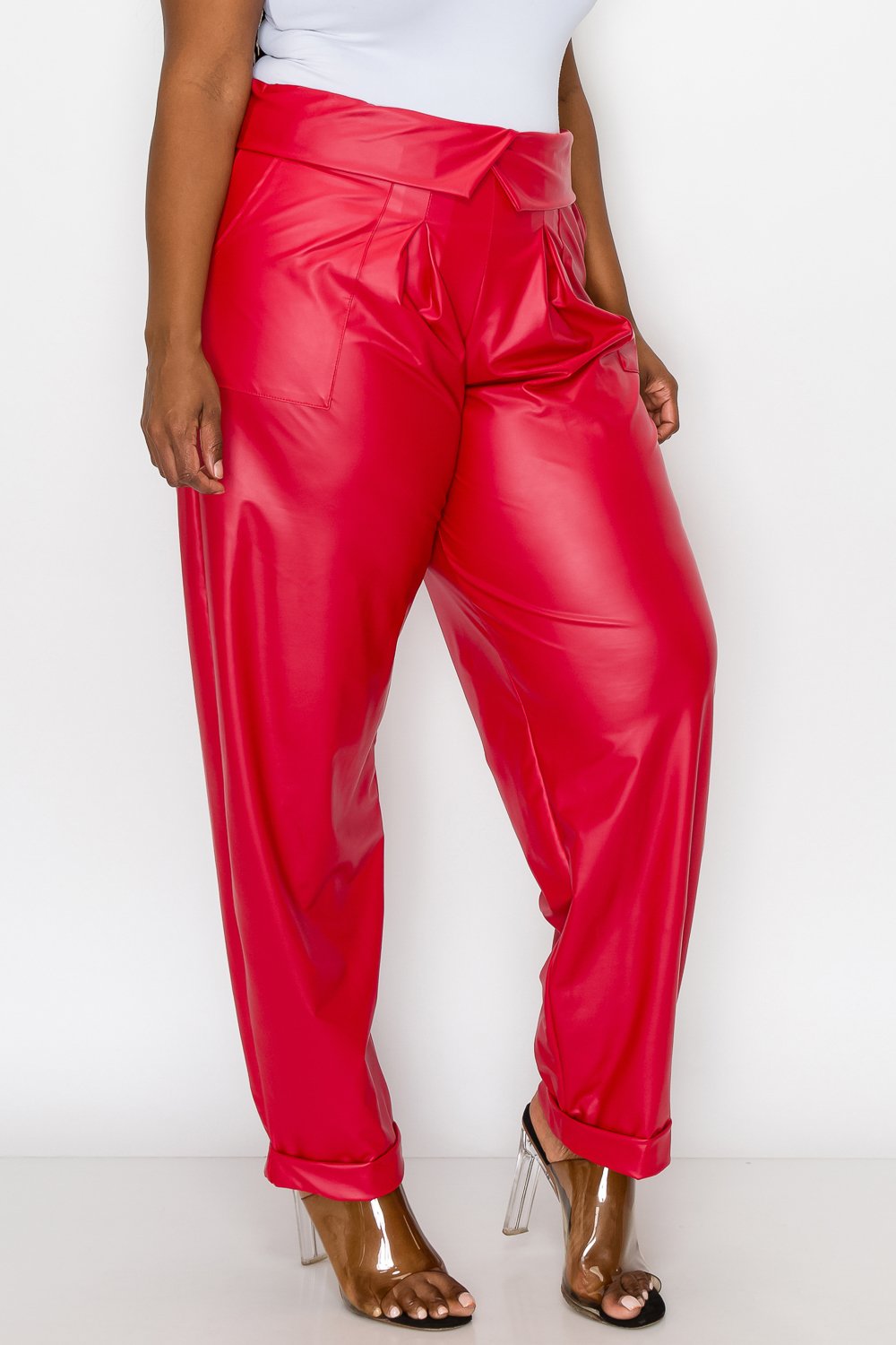 livd L I V D women's trendy plus size fashion made in USA contemporary collared faux leather pants pu with large outside pockets and folded ankle cuff in red