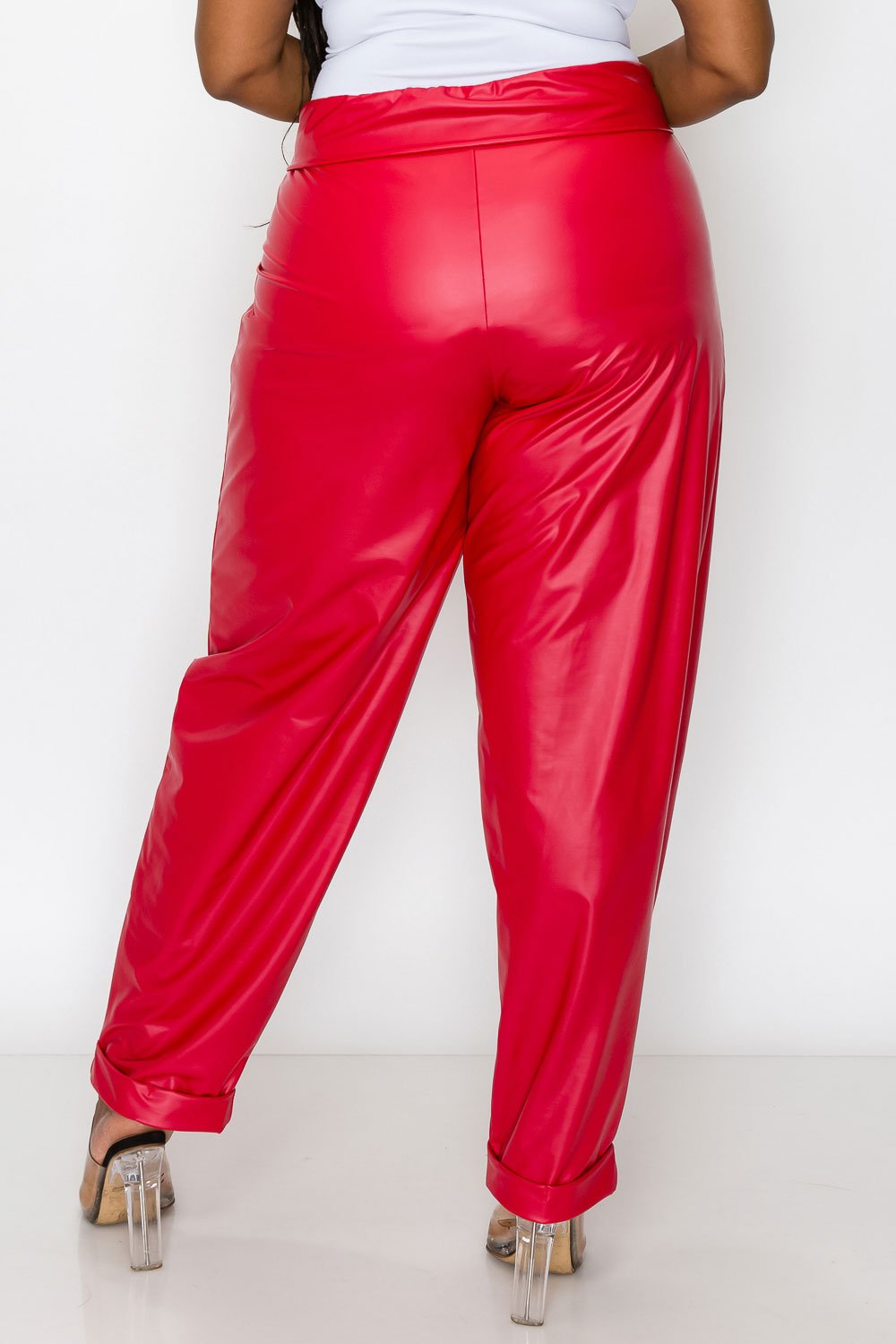 livd L I V D women's trendy plus size fashion made in USA contemporary collared faux leather pants pu with large outside pockets and folded ankle cuff in red