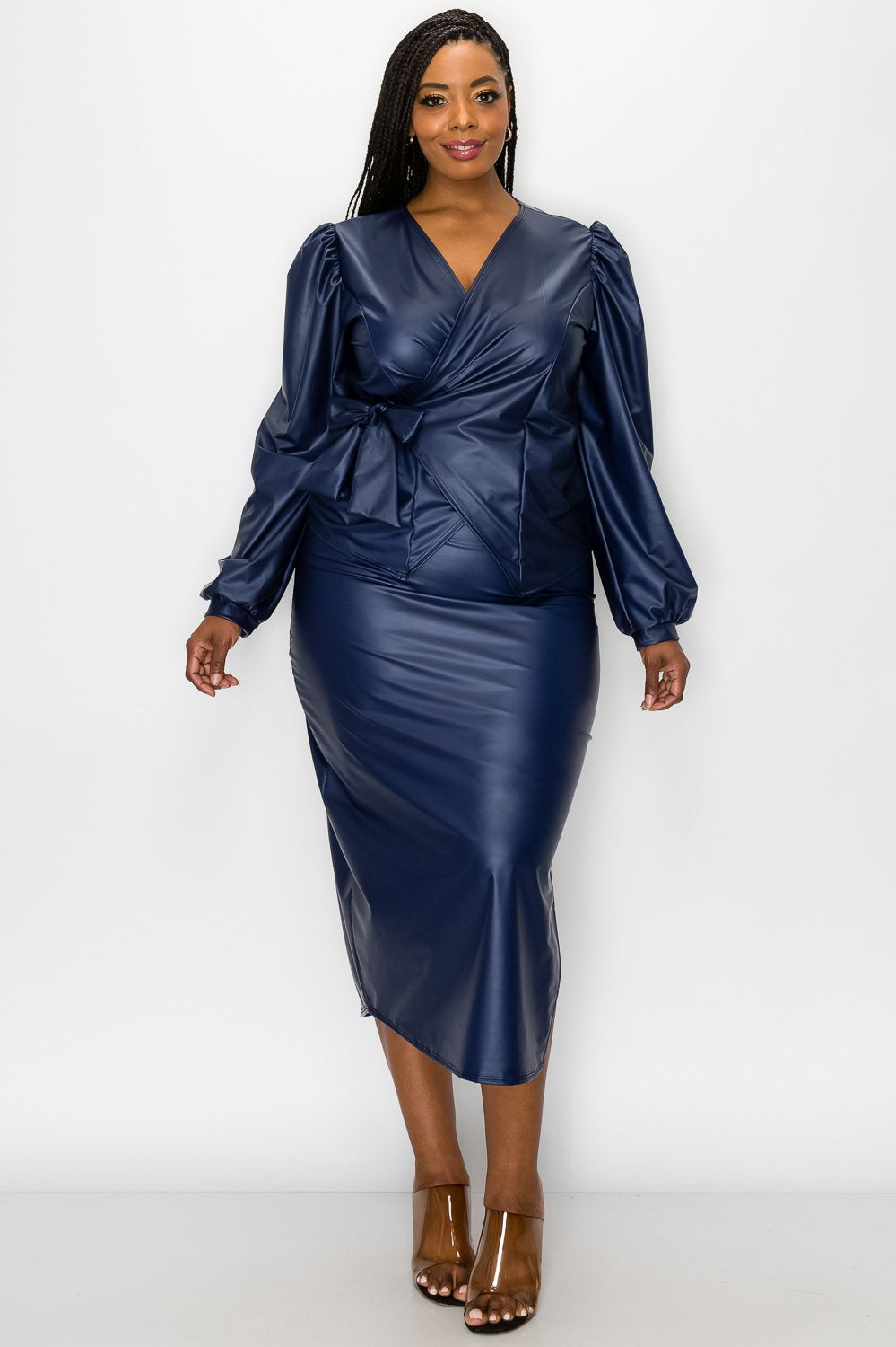 livd L I V D women's trendy plus size fashion made in USA contemporary faux leather peplum wrap top and slit midi skirt in navy