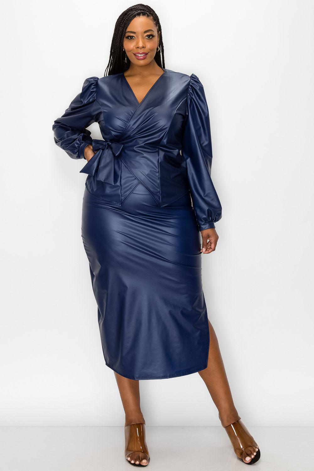 livd L I V D women's trendy plus size fashion made in USA contemporary faux leather peplum wrap top and slit midi skirt in navy