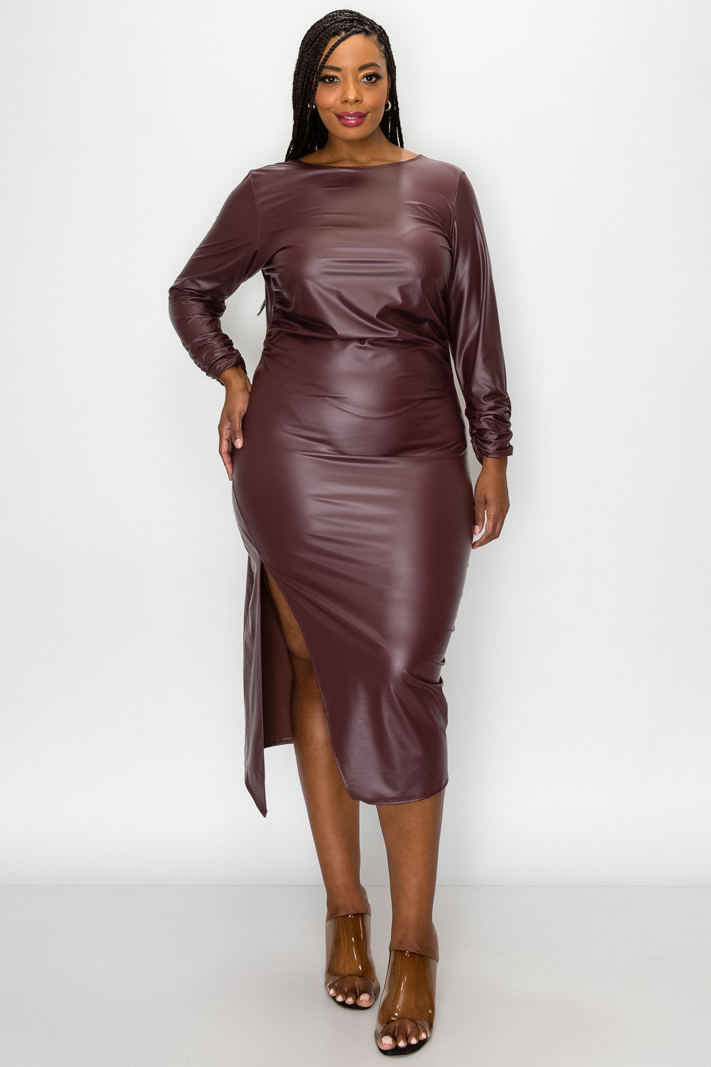 livd L I V D women's trendy plus size fashion contemporary faux leather ruched sleeves with open back and leg slit in burgundy made in USA