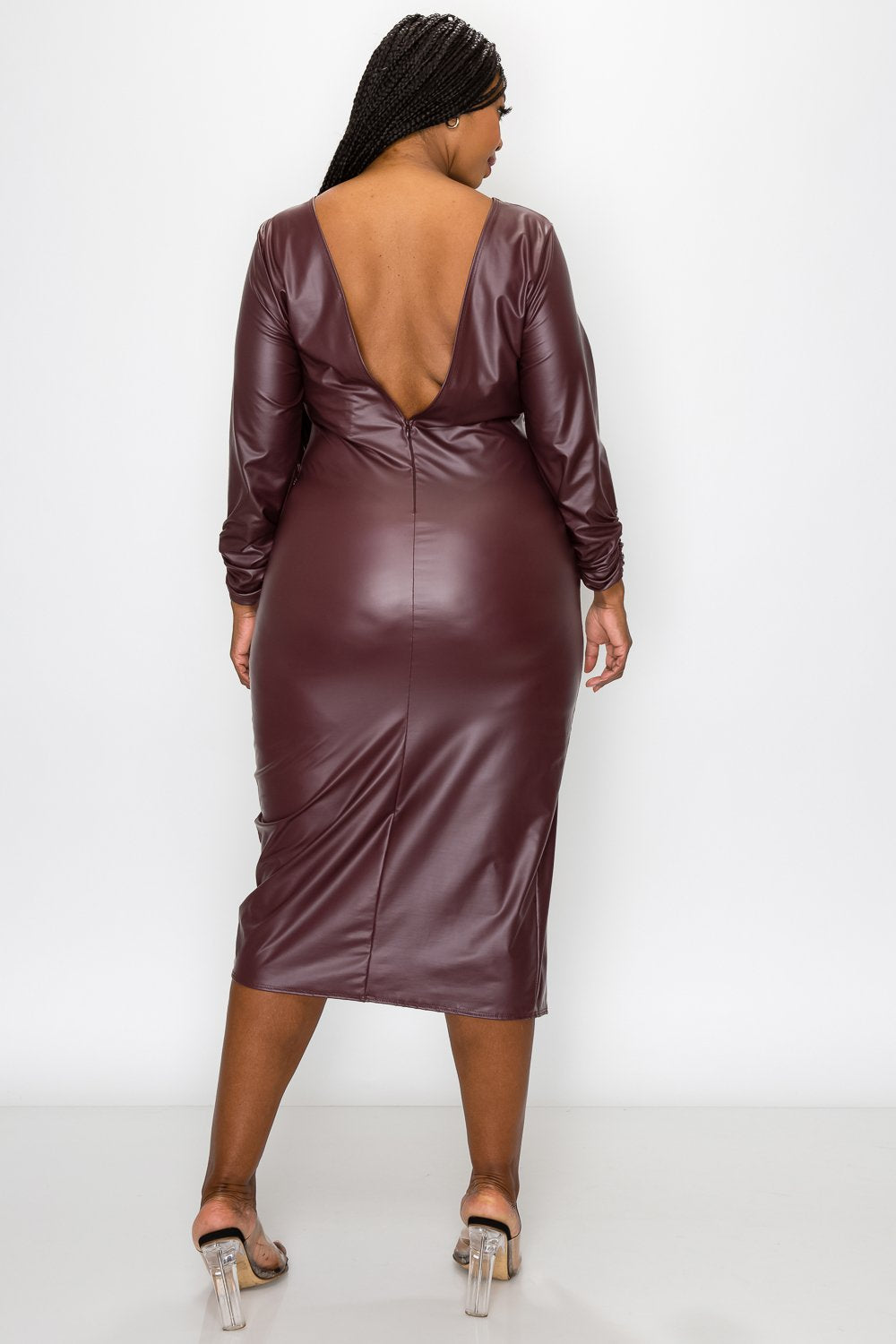 livd L I V D women's trendy plus size fashion contemporary faux leather ruched sleeves with open back and leg slit in burgundy made in USA