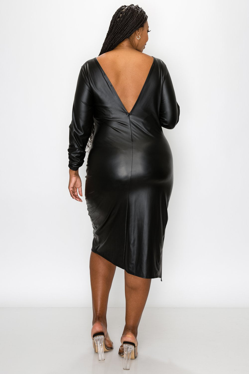 livd L I V D women's trendy plus size fashion contemporary faux leather ruched sleeves with open back and leg slit in black made in USA