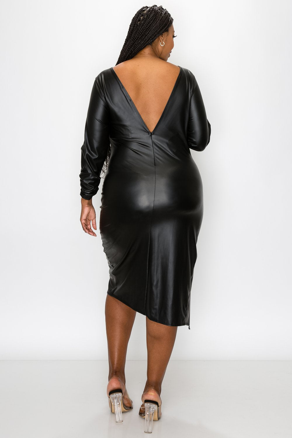 Faux Leather Ruched Sleeves Midi Dress | LIVD Apparel Black Faux Leather / 1x Faux Leather Ruched Sleeves Midi Dress | LIVD Apparel Black Faux Leather / 1x